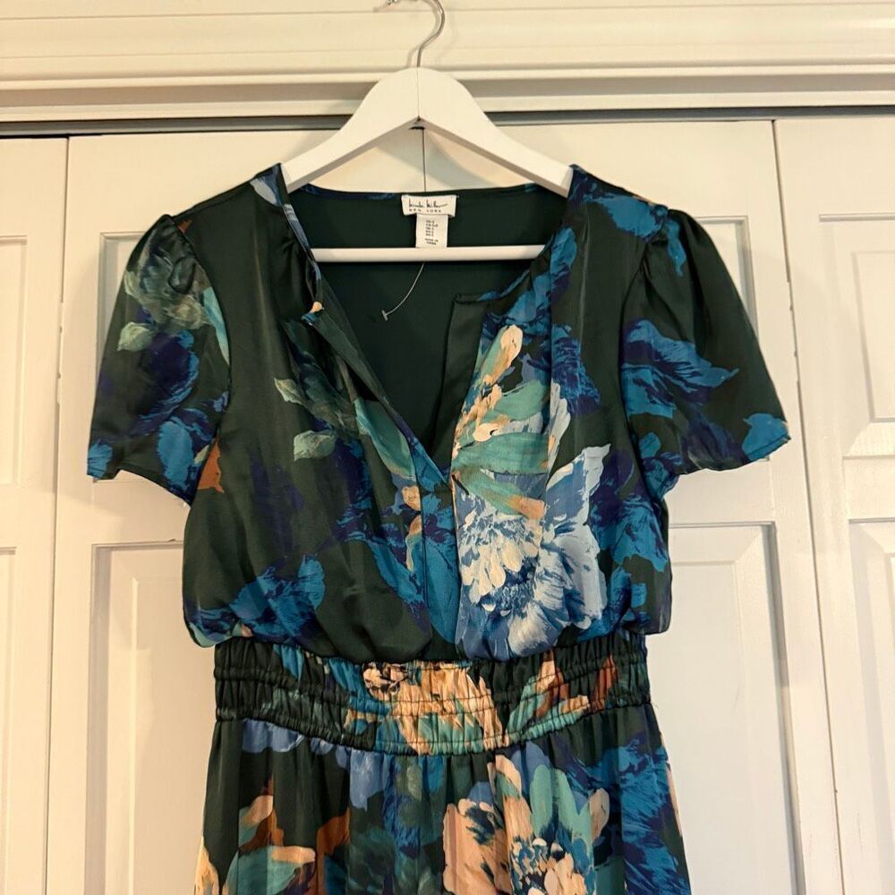 Nicole Mille floral satin look smocked waist ruffle sleeve maxi dress small - Picture 3 of 13